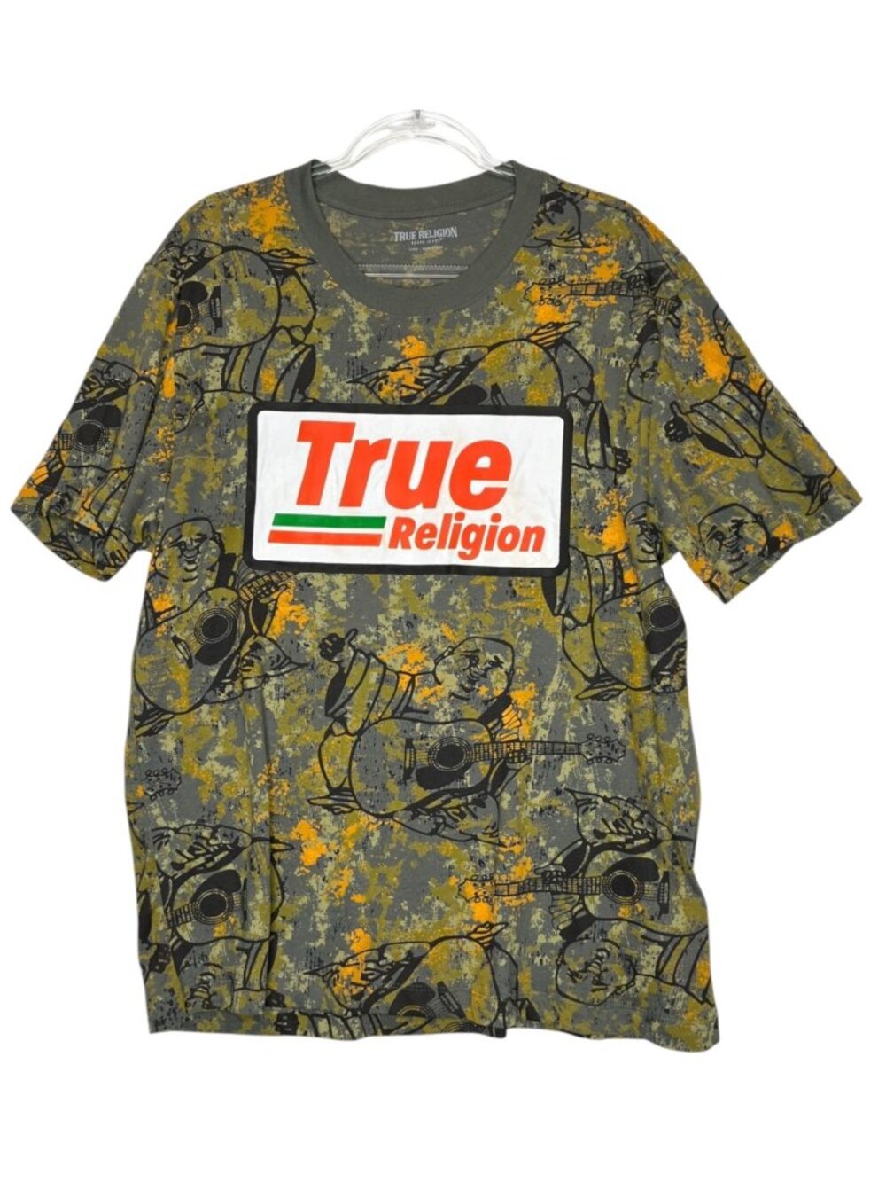True Religion Buddha Camo T Shirt Mens Large Guitar Graphic Logo Patch Tee